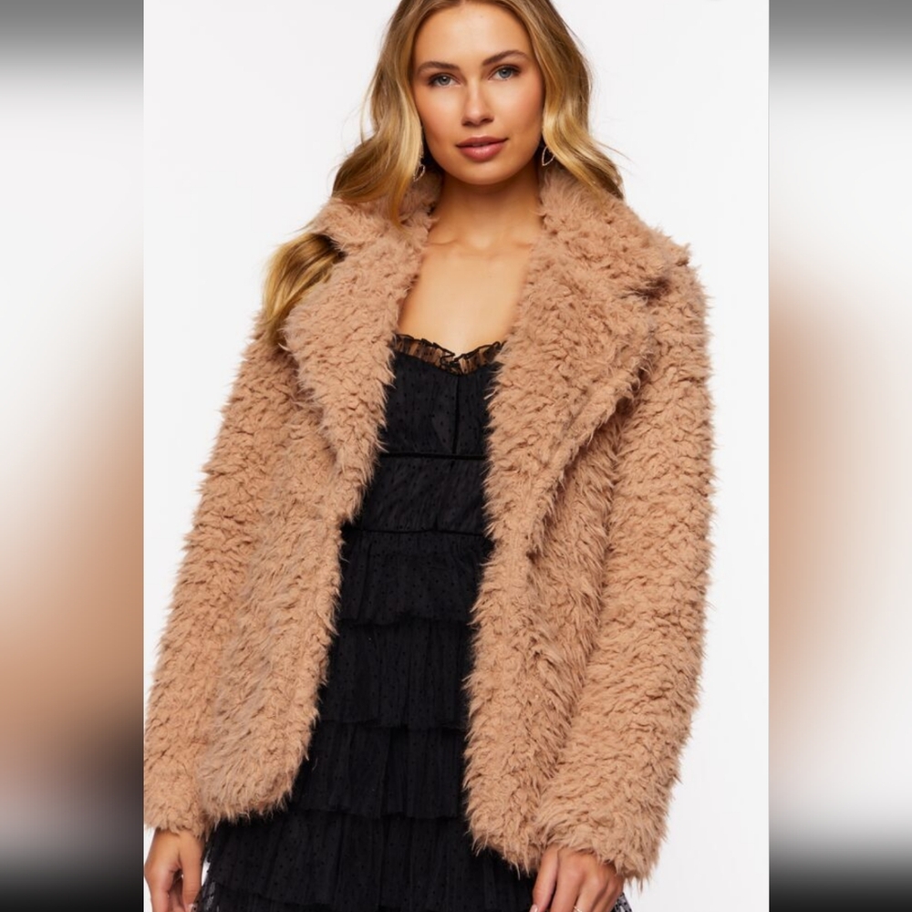 Forever 21 Faux Fur Notched Open-Front Coat Small